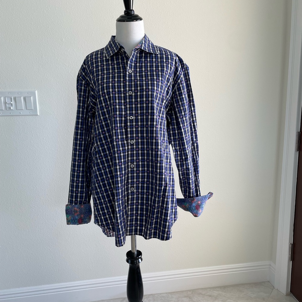 Robert Graham Mens Size L Blue Plaid Floral Flip Cuff Button Down Dress Shirt
